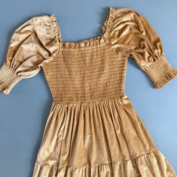 Baltic Born Vivaldi Smocked French Gold Velvet Puff Sleeve Midi Dress - Picture 2 of 6